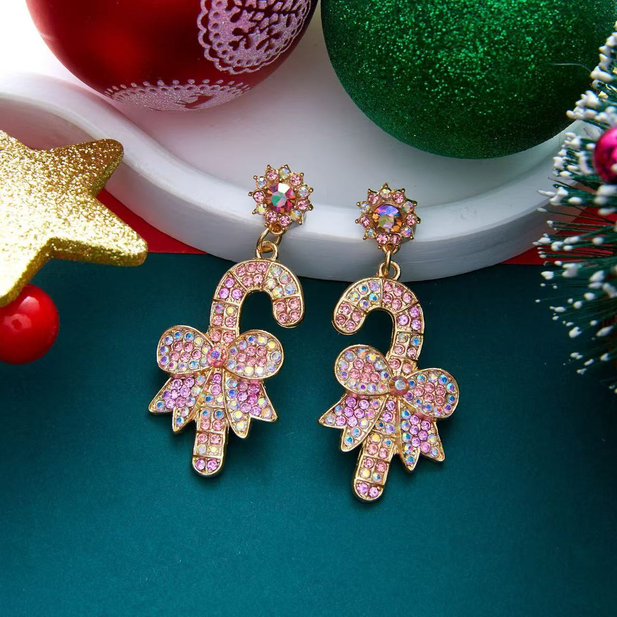 Christmas Gingerbread Man, Candy Cane & Bow Rhinestone Earrings