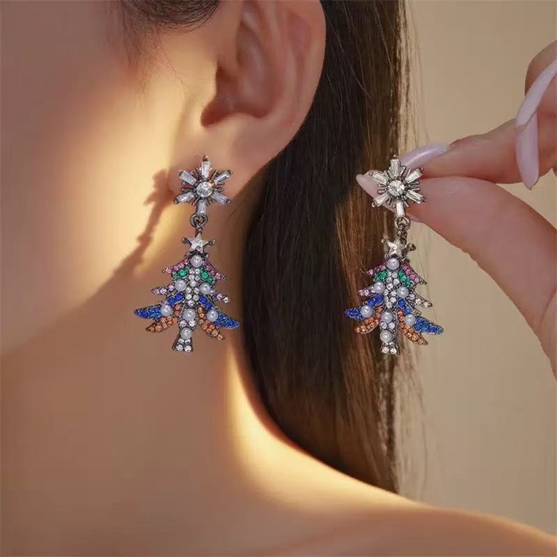 Rhinestone Christmas Tree & Bell Earrings