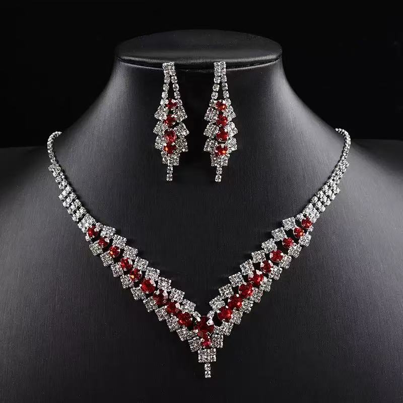 Luxury Burgundy Red Crystal V-Neck Jewelry Set