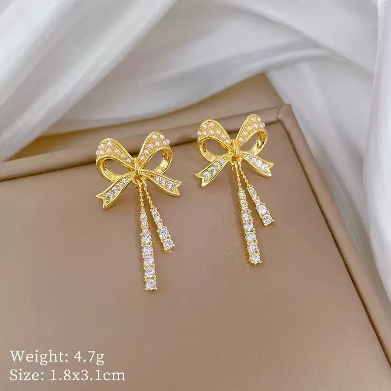 Titanium Steel Full Diamond Bow Tassel Jewelry Set