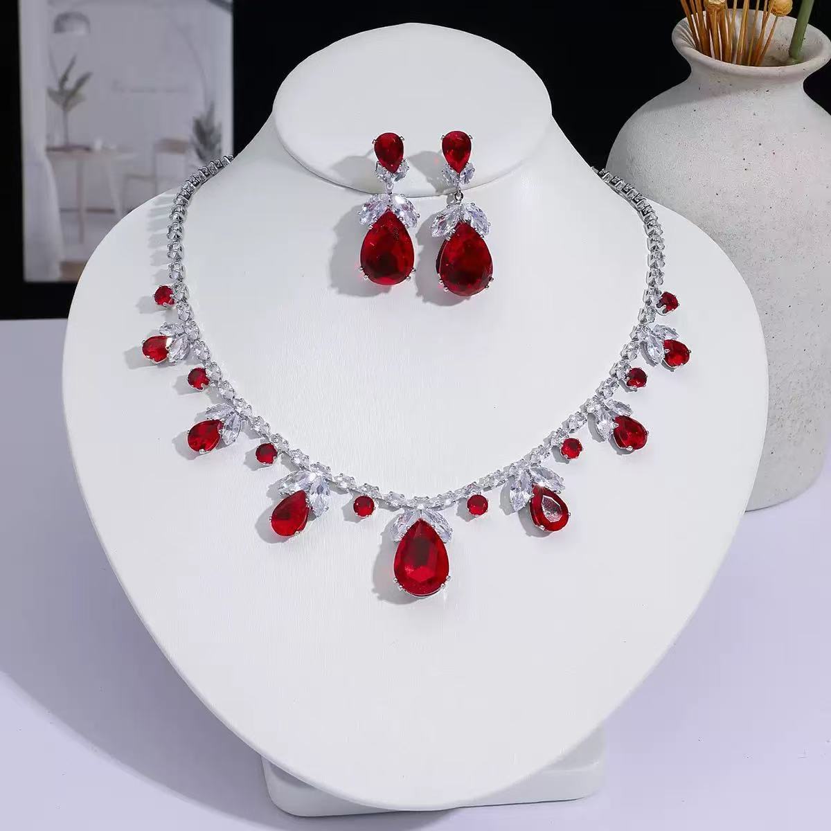 Ruby Red Teardrop Full Crystal Jewelry Set
