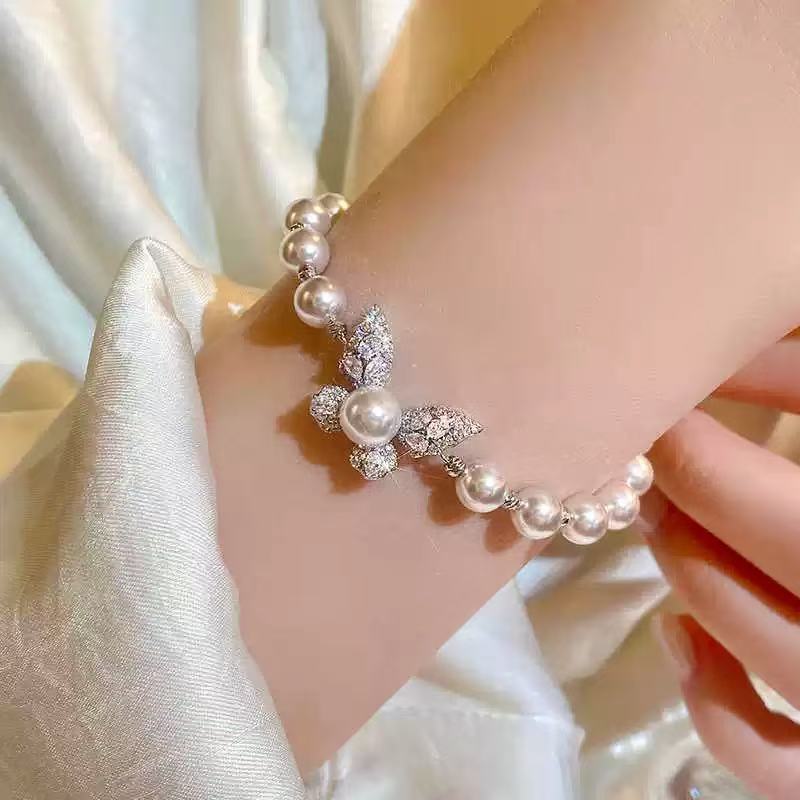Diamond Butterfly Pearl Adjustable Bracelet