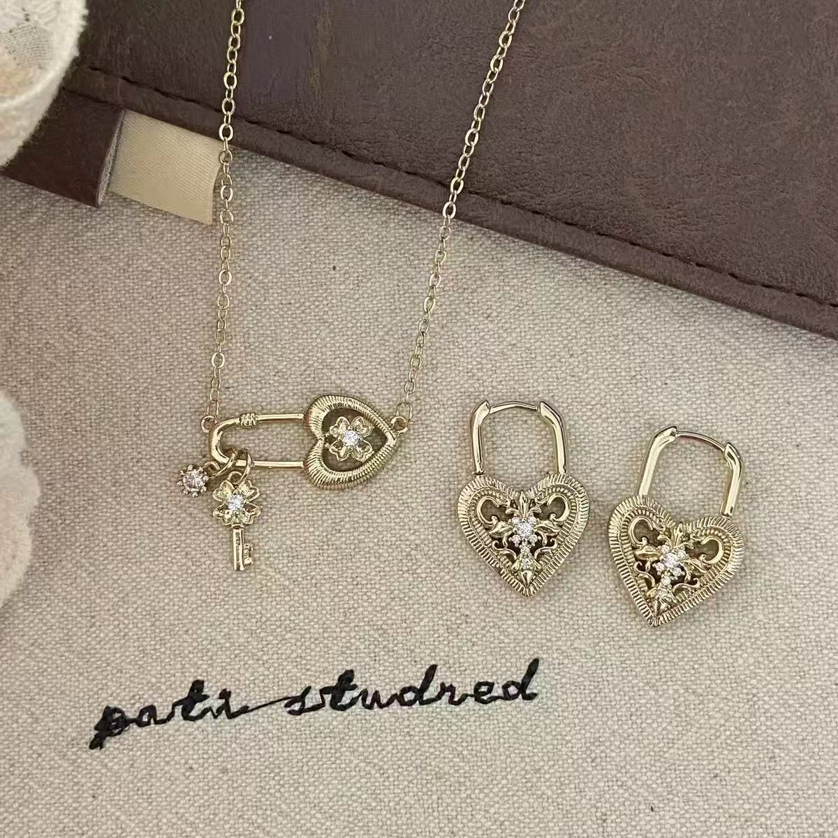 Rhinestone Four-Leaf Clover, Key & Heart Necklace