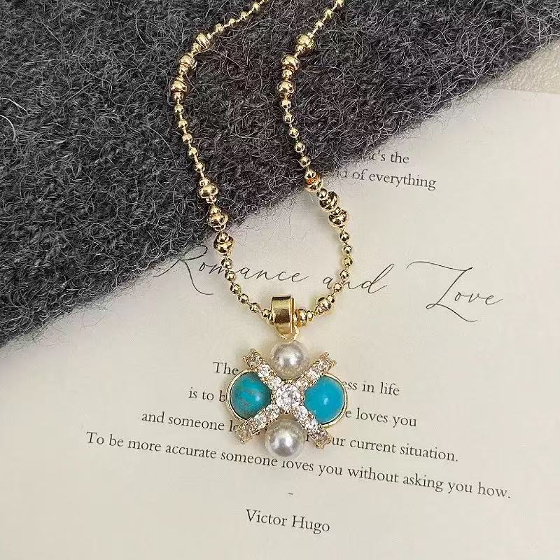 Four-Leaf Flower Pearl Zircon Turquoise Necklace