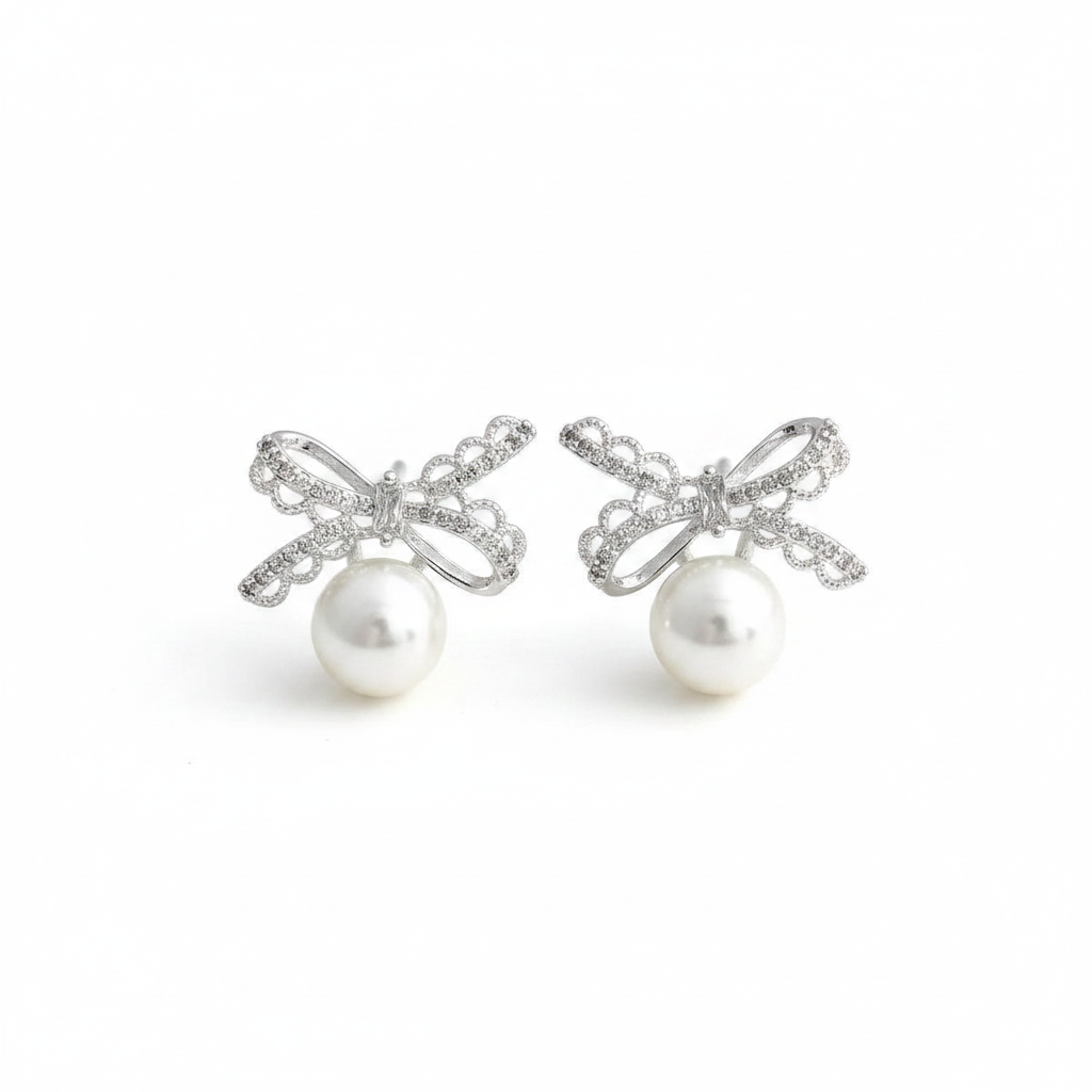 S925 Lace Bow Pearl Earrings