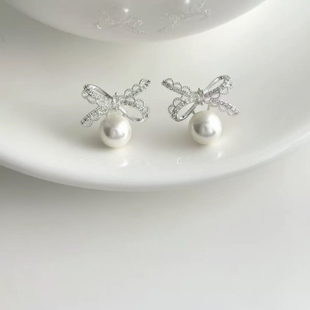 S925 Lace Bow Pearl Earrings