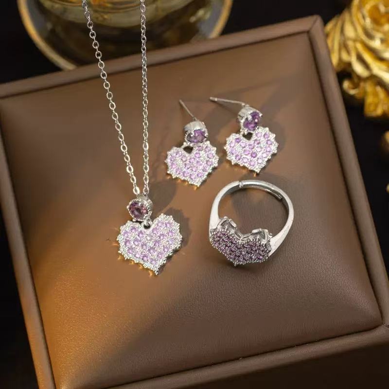 Full Diamond Dreamy Purple Heart Jewelry Set