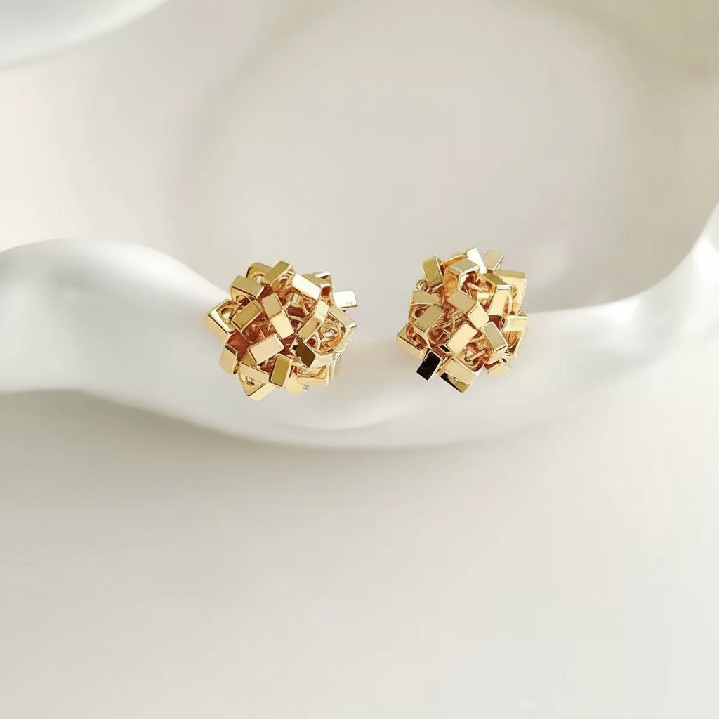S925 3D Crushed Gold Ball Stud Earrings
