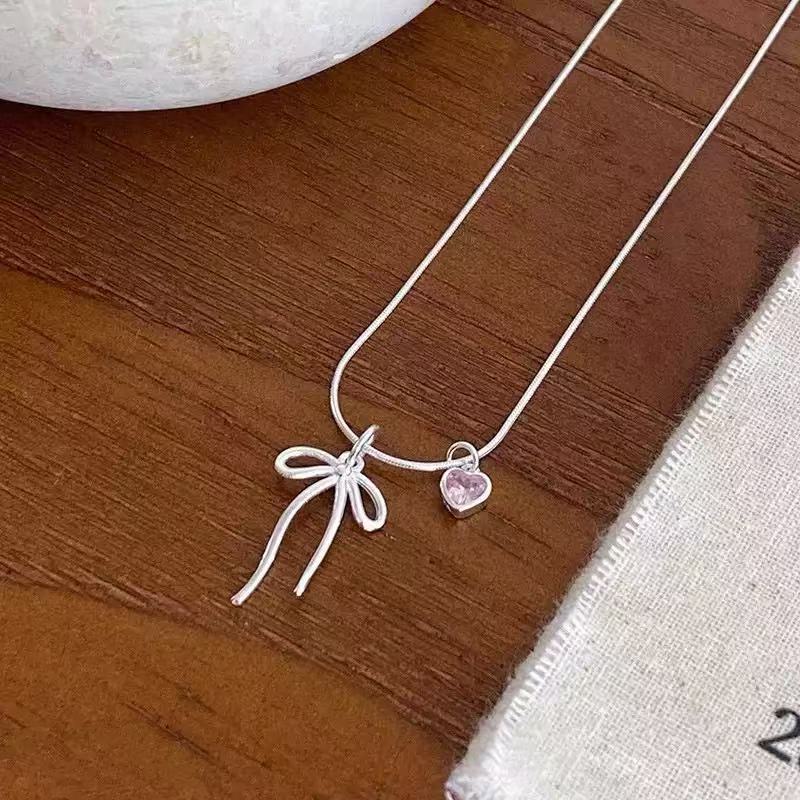 S925 Sterling Silver Bow Heart Necklace