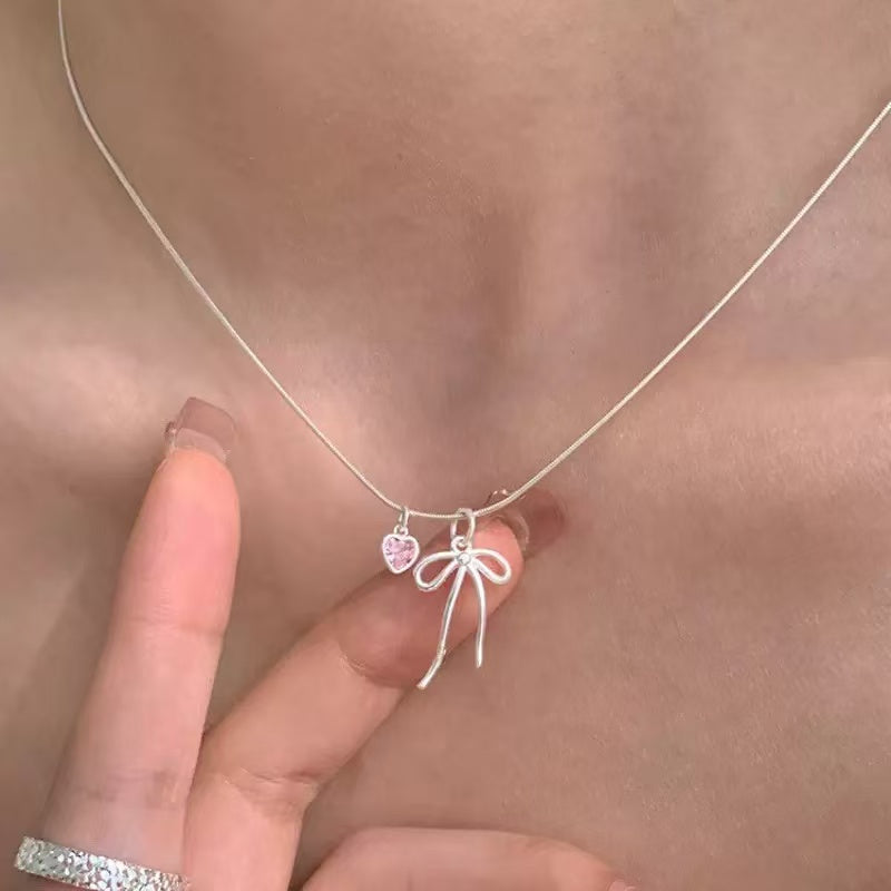 S925 Sterling Silver Bow Heart Necklace