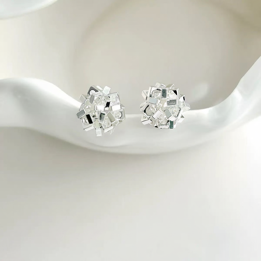 S925 3D Crushed Gold Ball Stud Earrings