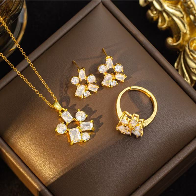 Copper Zircon Flower Jewelry Set
