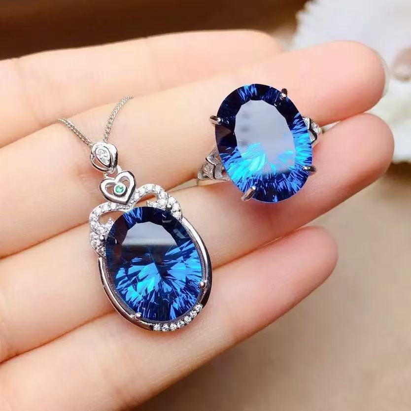 Deep Blue Gemstone Full Diamond Necklace & Ring Set