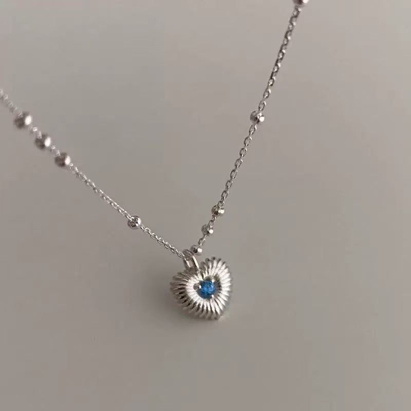 S925 Sterling Silver Heart Stripe Blue Zircon Necklace