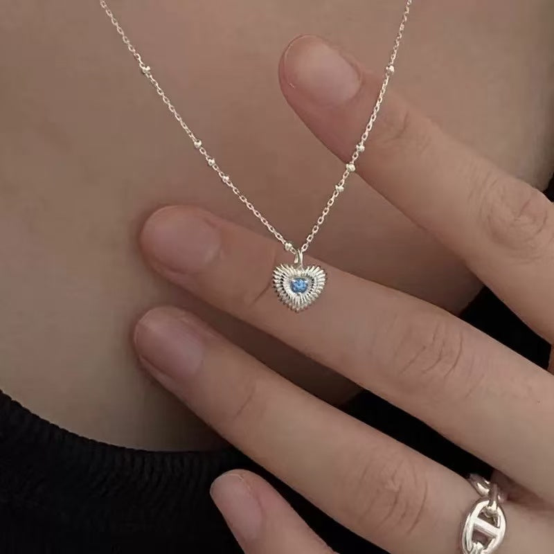 S925 Sterling Silver Heart Stripe Blue Zircon Necklace