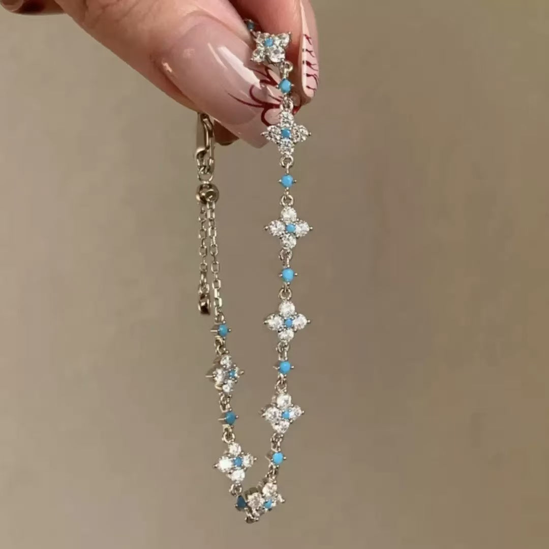 French Vintage Blue Turquoise Zircon Four-Leaf Clover Bracelet