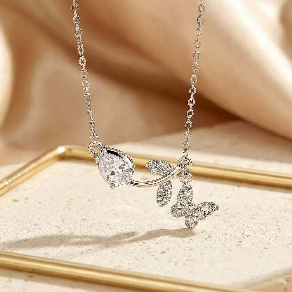 Copper Zirconia Tulip & Butterfly Necklace