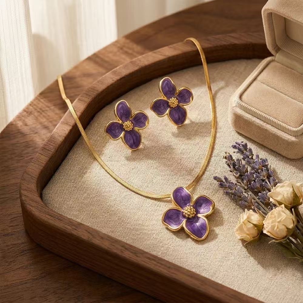 Titanium Steel Enamel Flower Necklace Set