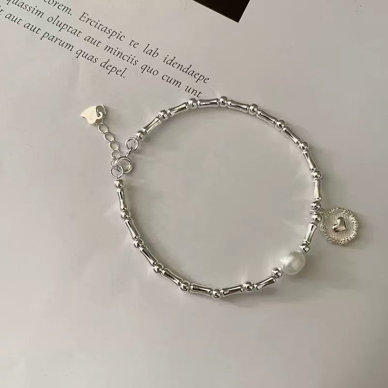 S925 Silver Bamboo Heart Pearl Bracelet