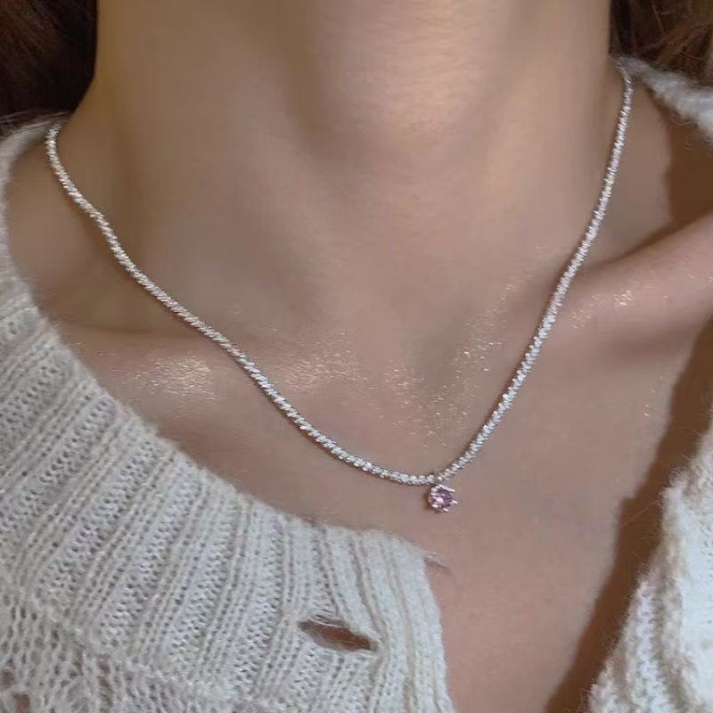 S925 Sterling Silver Pink Zircon Necklace