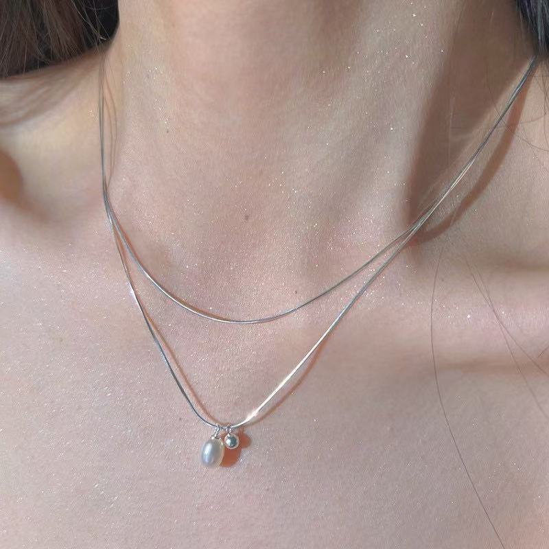 S925 Sterling Silver Double Chain Pearl Necklace