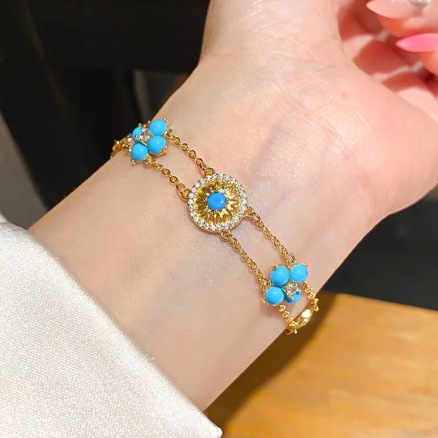 18K Gold Turquoise Zircon Floral Bracelet