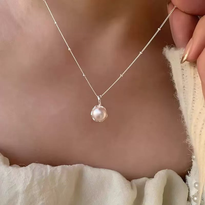 S925 Sterling Silver Geometric Pearl Necklace