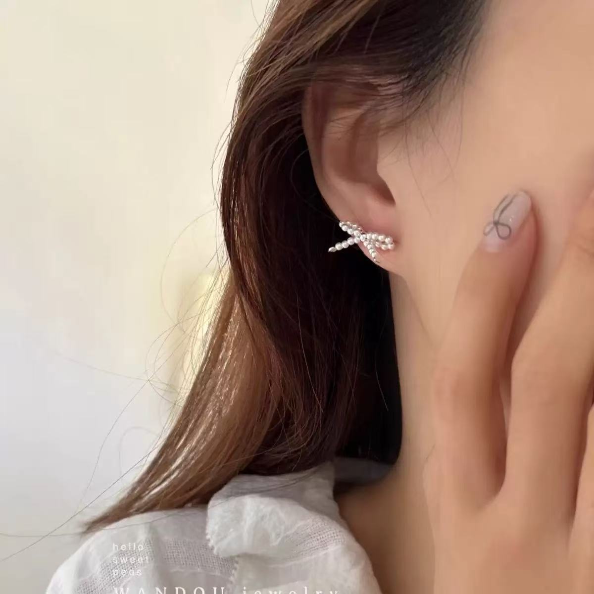 S925 Silver Beaded Bow Stud Earrings