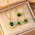 18K Gold Emerald Green Oval Crystal Jewelry Set