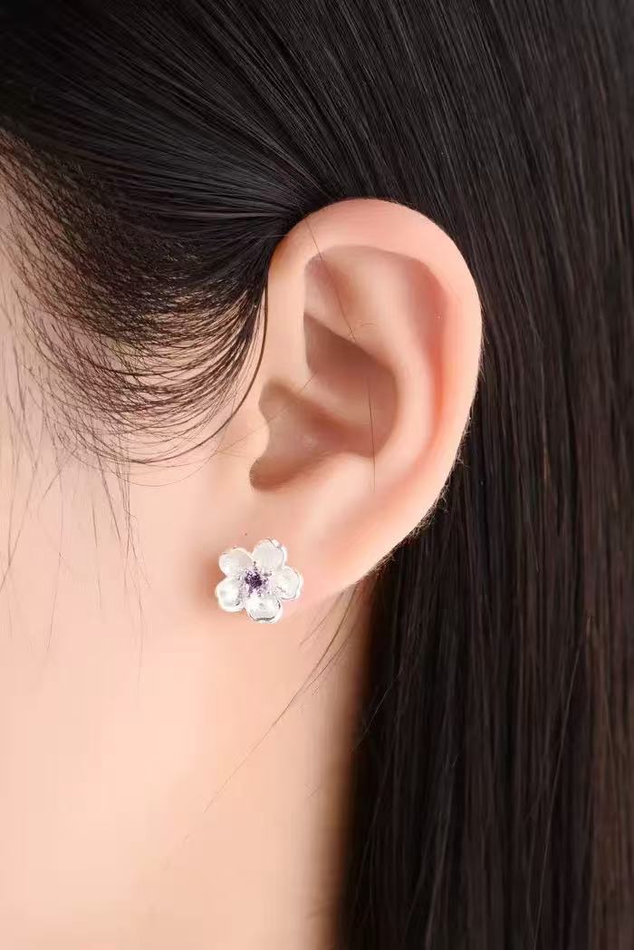 S925 Silver Purple Flower Stud Earrings