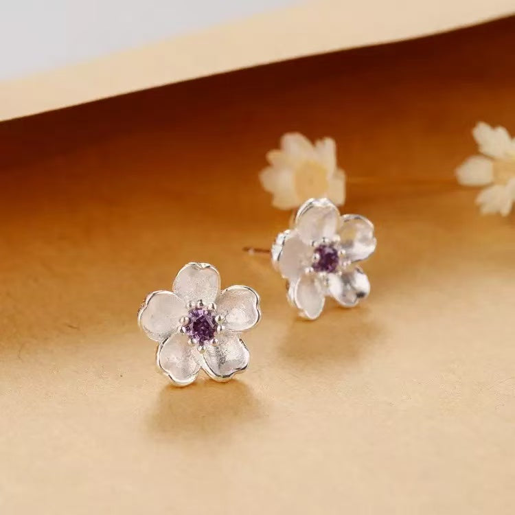 S925 Silver Purple Flower Stud Earrings