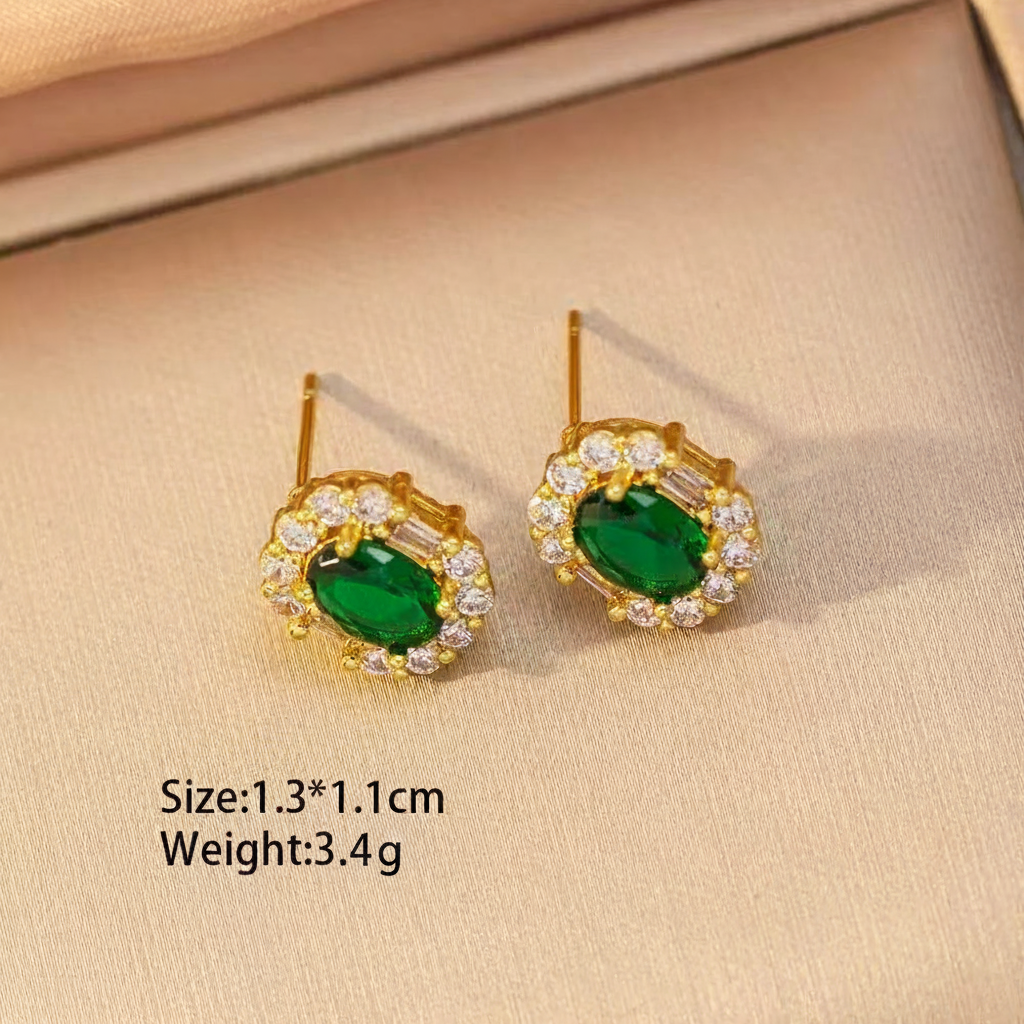 18K Gold Emerald Green Oval Crystal Jewelry Set