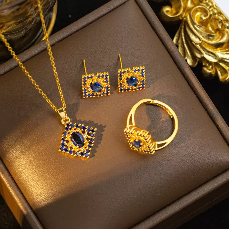 Blue Sapphire Square Gemstone Copper Jewelry Set