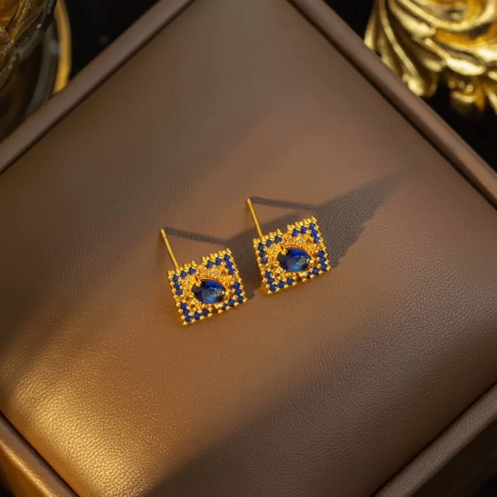Blue Sapphire Square Gemstone Copper Jewelry Set