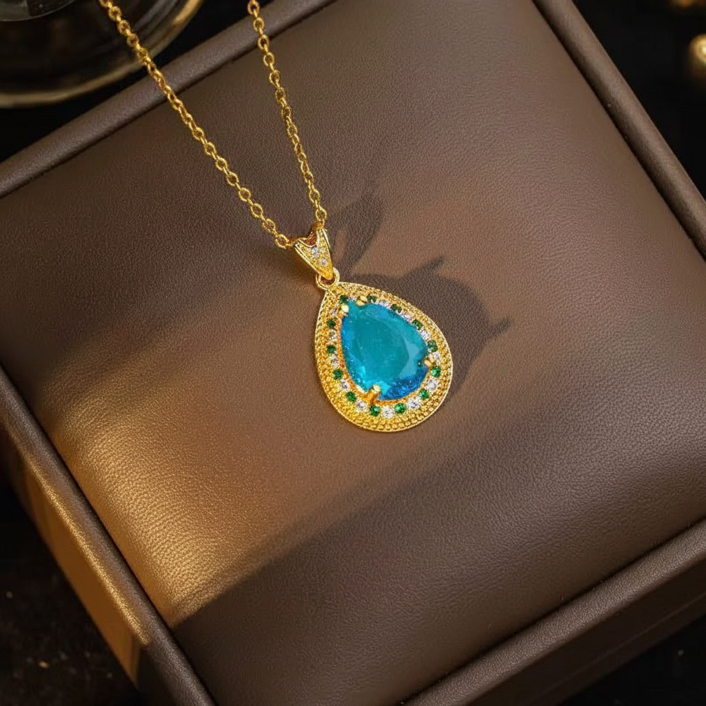 Lake Blue Teardrop Copper Crystal Jewelry Set