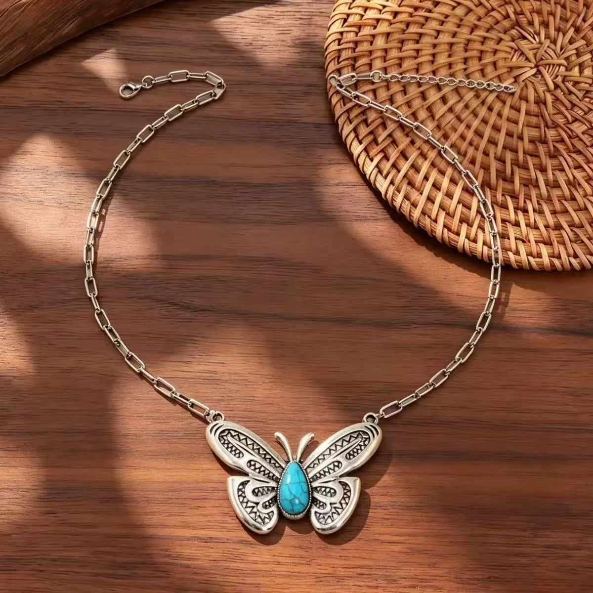 Alloy Turquoise Large Butterfly Pendant Necklace