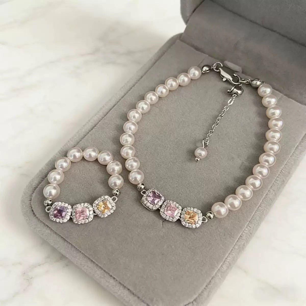 18K Gold Colorful Square Crystal Pearl Bracelet & Ring Set