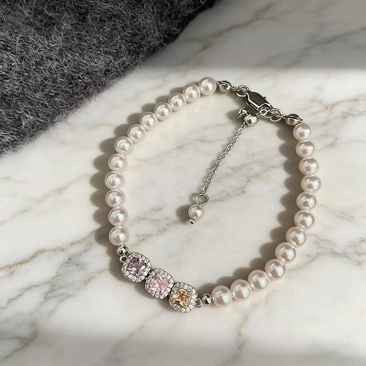 18K Gold Colorful Square Crystal Pearl Bracelet & Ring Set