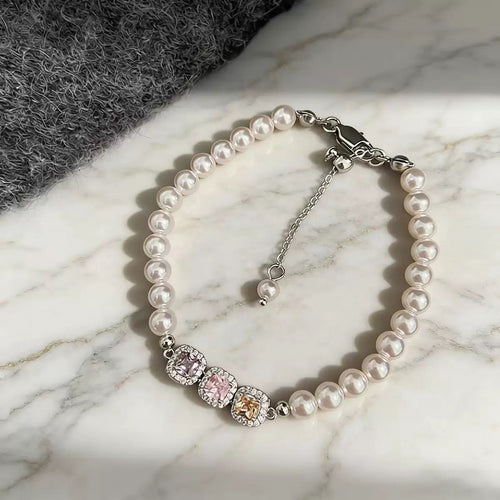 18K Gold Colorful Square Crystal Pearl Bracelet & Ring Set