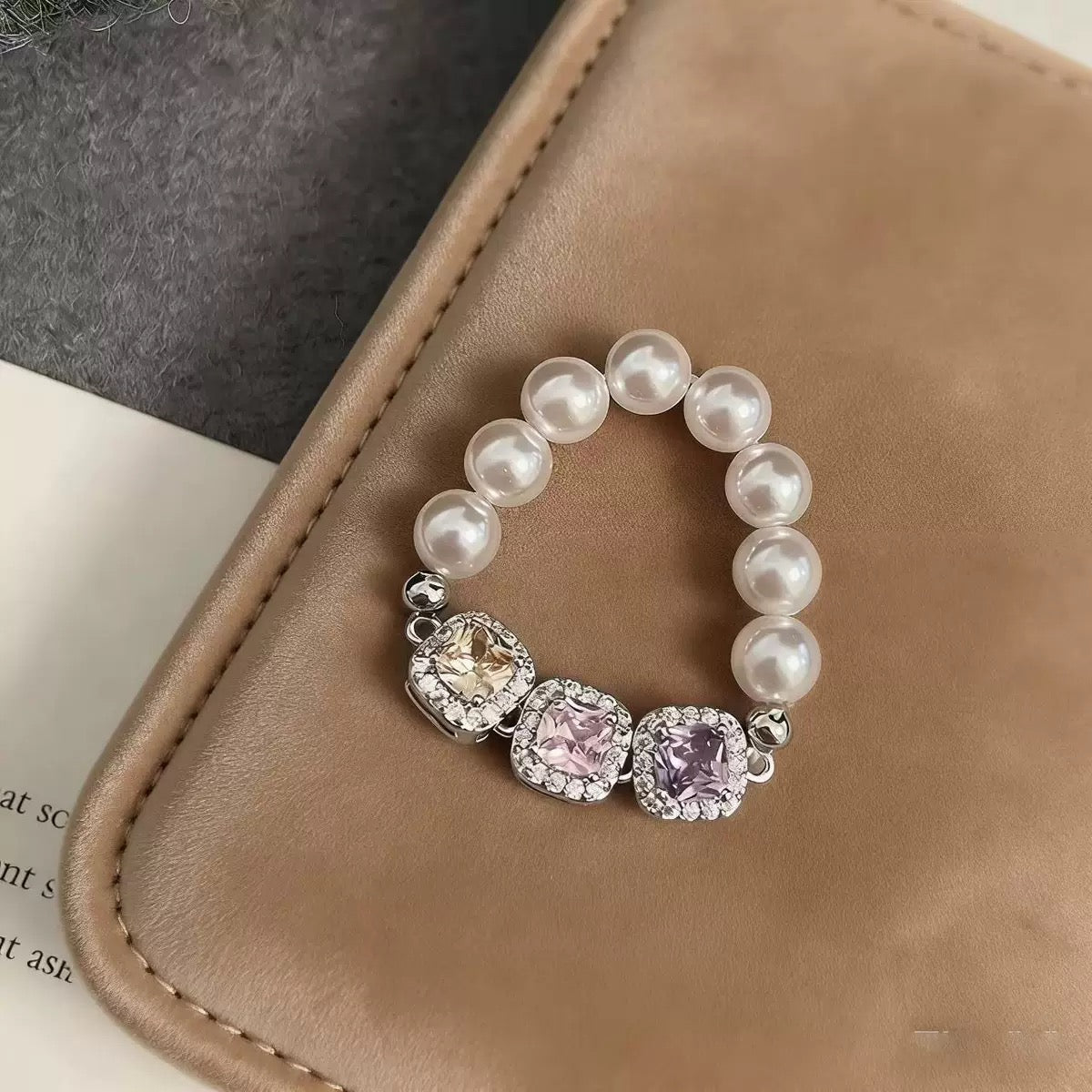 18K Gold Colorful Square Crystal Pearl Bracelet & Ring Set