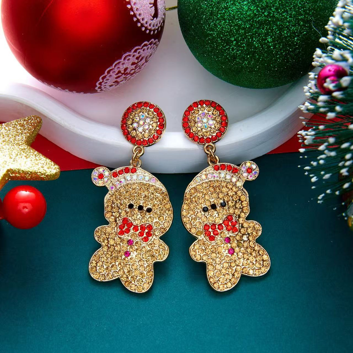 Christmas Gingerbread Man, Candy Cane & Bow Rhinestone Earrings