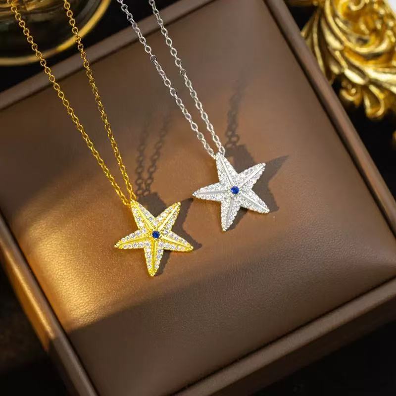 Titanium Steel Five-Pointed Star Blue Zircon Necklace