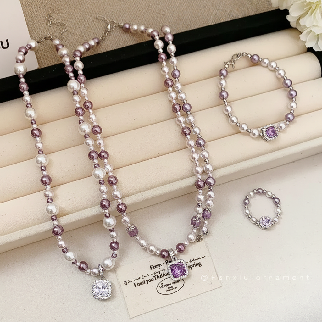 Purple Square Crystal Pearl Jewelry Set