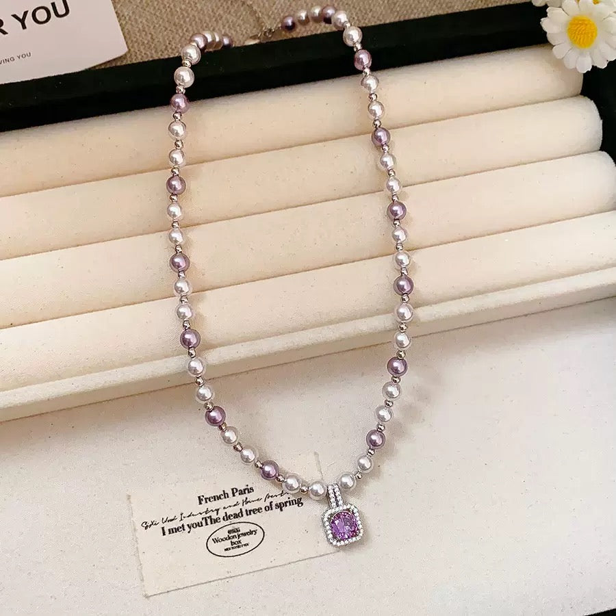 Purple Square Crystal Pearl Jewelry Set