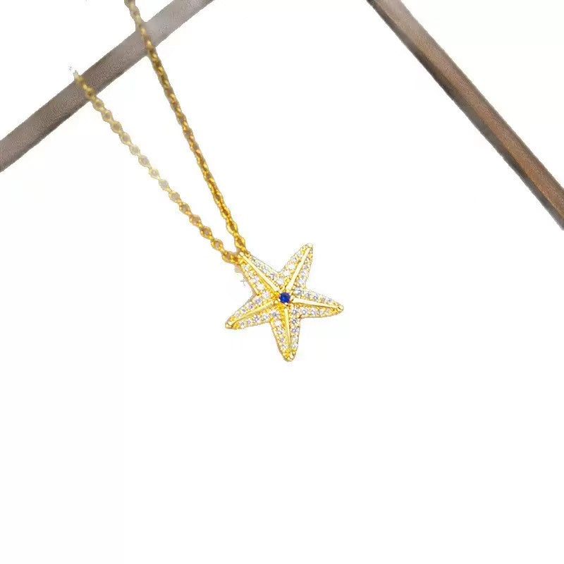 Titanium Steel Five-Pointed Star Blue Zircon Necklace