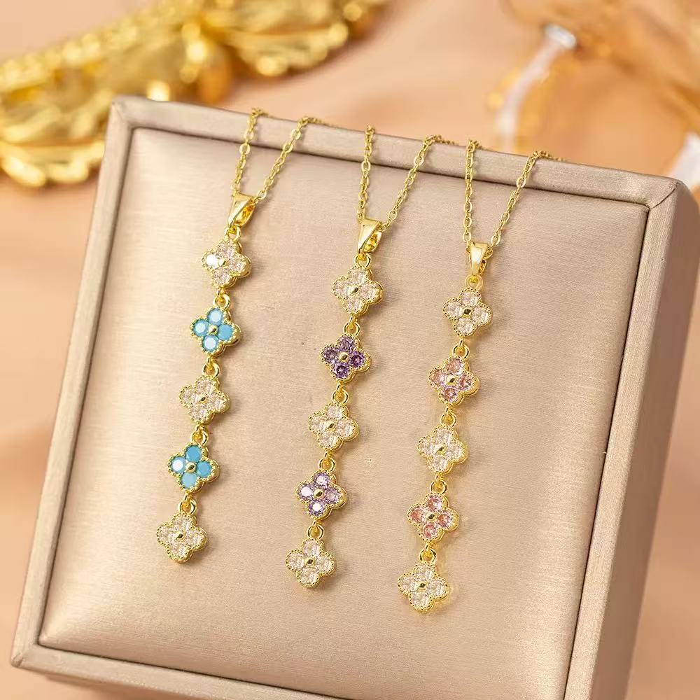 Titanium Steel Four-Leaf Clover Colorful Zircon Necklace