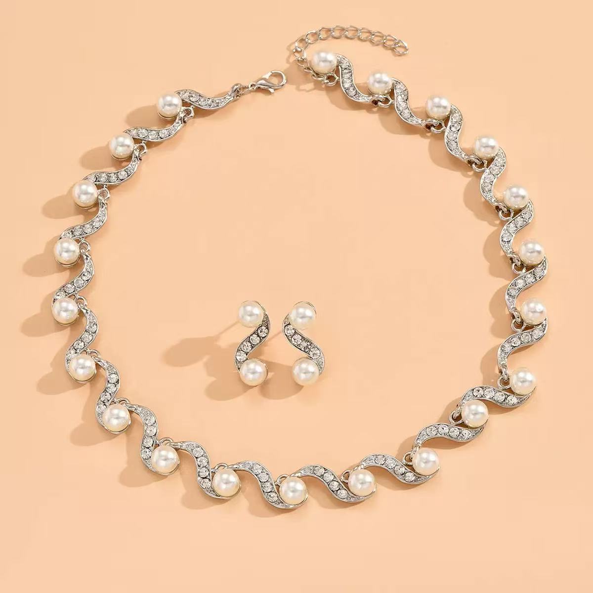 S-Wave Pearl Crystal Necklace & Earrings Set