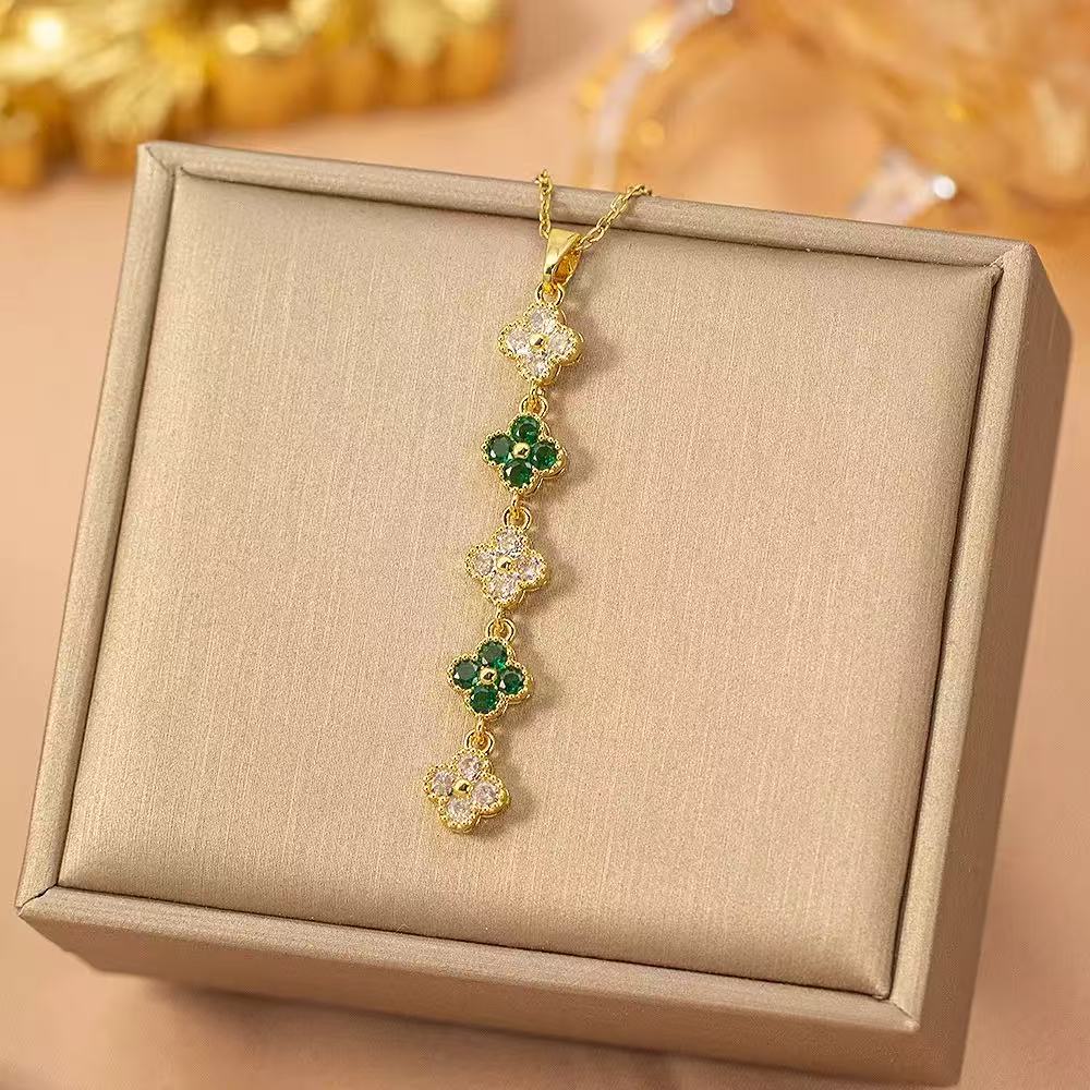 Titanium Steel Four-Leaf Clover Colorful Zircon Necklace