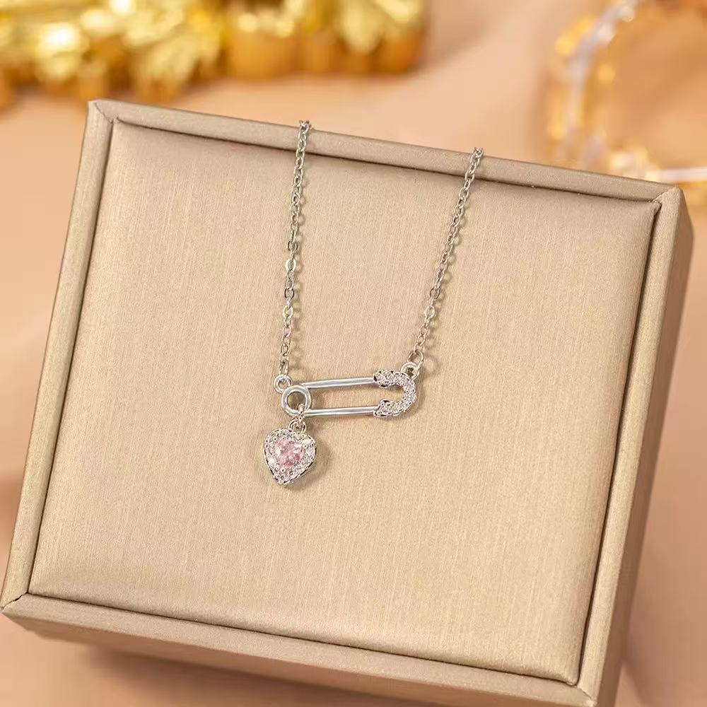 Titanium Steel Heart Safety Pin Necklace