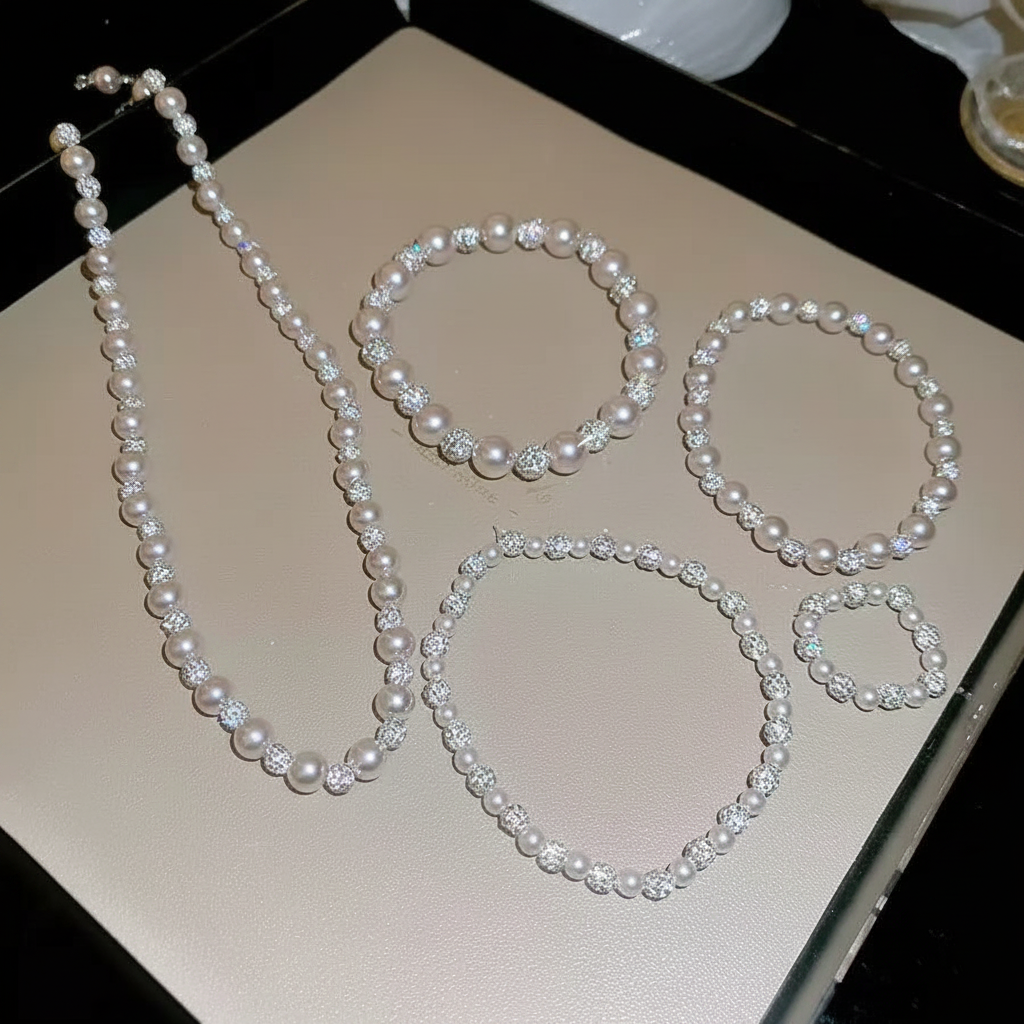 Diamond Crystal Ball Pearl Jewelry Set